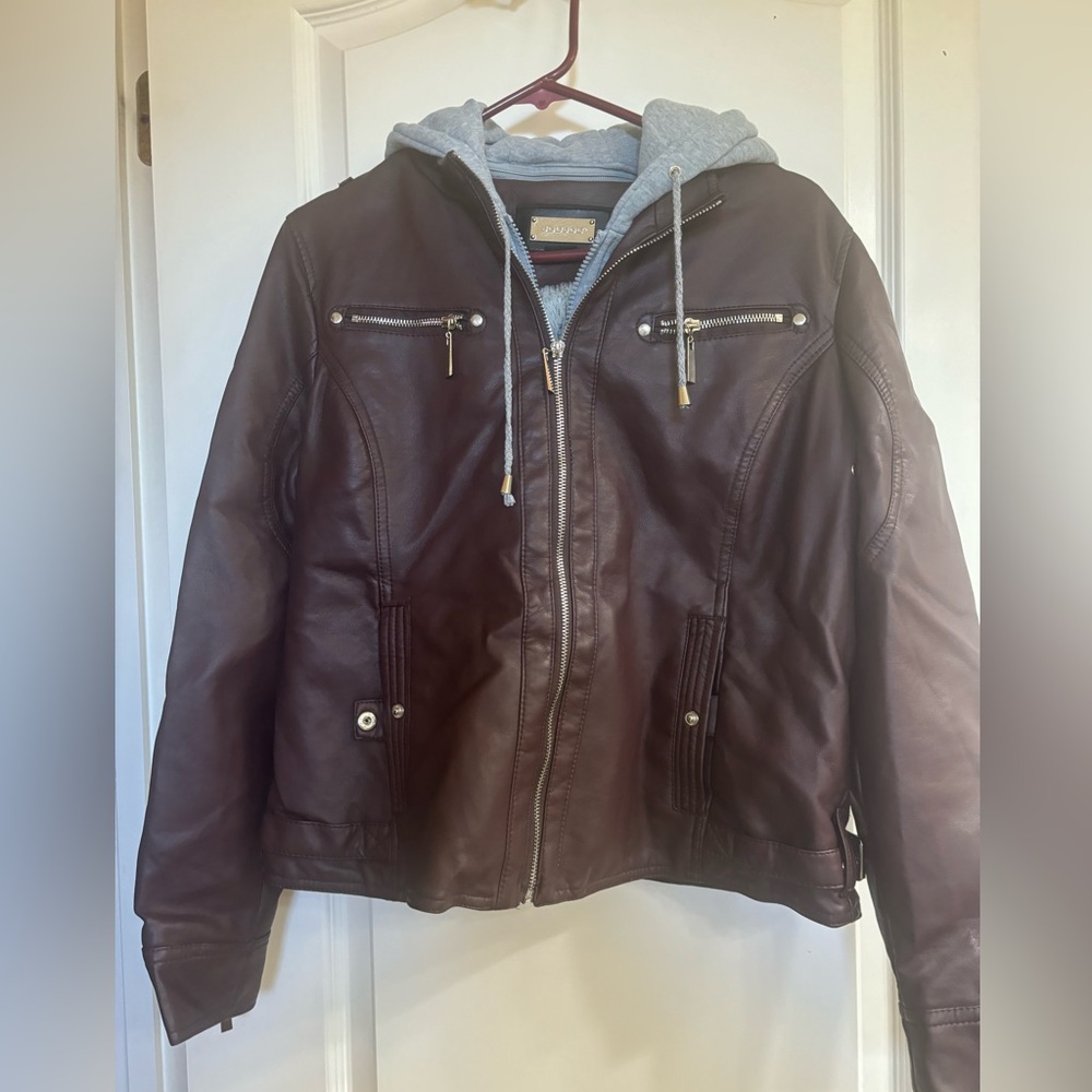 Women’s hooded faux-leather moto jacket. Size XL.